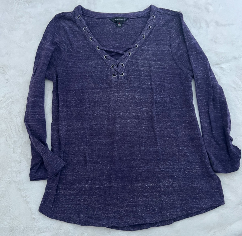 Rock & Republic Womens Medium Purple Lace Up V Neck Tunic Top Long Sleeve Shirt